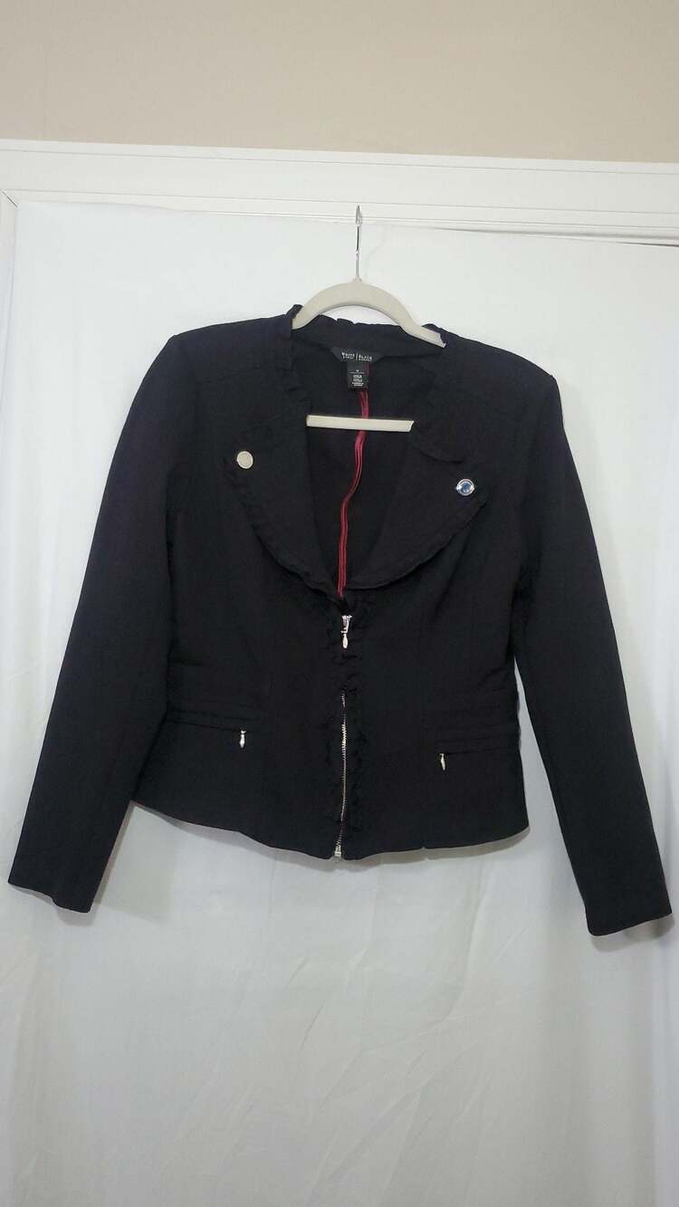 White House Black Market Black Ruffle Zip-Up Ponte Jacket Size 10